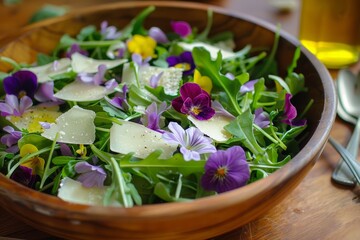 Arugula salad topped with Parmesan lemon and olive oil garnished with edible arugula flowers