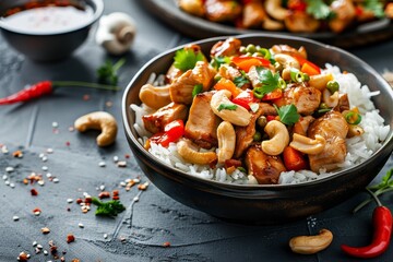 Asian chicken stir fry with crispy cashews served with rice Takeaway