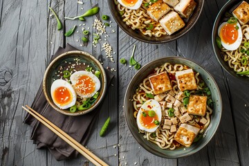 Asian noodle bowls with miso egg tofu enoki on gray wood