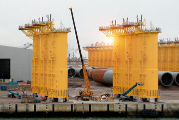Offshore Wind Turbine Transition Pieces. Monopile Foundation. Wind Park Farm Construction Process....