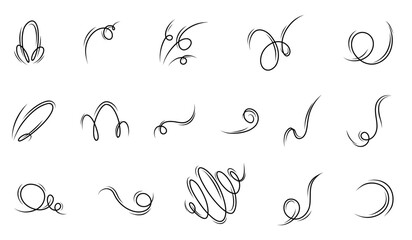 Set of wind blow set in doodle style, vector illustration on white background. A wave of cold air during windy weather. Rush symbol outline for print and design. Vector graphics, air dynamics - obrazy, fototapety, plakaty