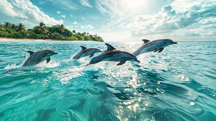 A group of dolphins jumping out of the water next to a caribbean island