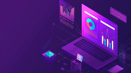 Right aligned a Illustration of an isometric laptop displaying colorful graphs and data analytics in a dark, futuristic setting, depicting advanced business intelligence