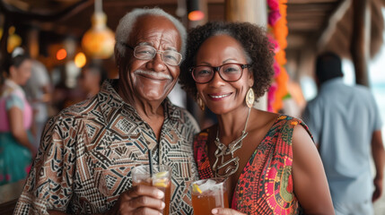 Senior man and woman smiling with drinks in hand at a festive event. Elderly Couple Enjoying Drinks at Social Gathering