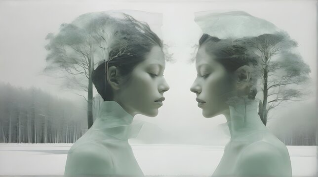 Frosty Reverie: Faces in the Snowy Silence, portrait of a woman's face in a winter landscape