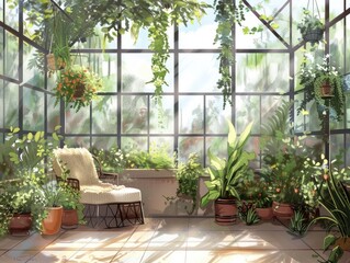 Fototapeta na wymiar A restful break in a cozy corner of a greenhouse