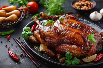 Asian style roasted duck on table