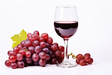 Red Wine Glass and Grapes Bunch Isolated, Red Wine on White Background, Grapevine