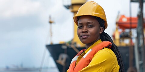 African American female maritime worker with a confident smile, in orange safety gear on shipyard background.