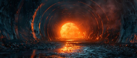 Naklejka premium A tunnel with a bright orange light shining through it by AI generated image