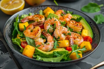 Avocado and shrimp salad with green mix mango cherry tomatoes herbs olive oil lemon dressing Healthy option