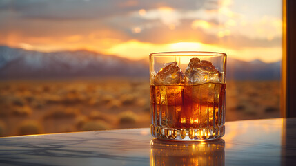A glass of whiskey with an ice cube sits on a surface with a sunset in the background. The sky is orange and blue