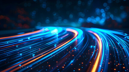 High speed movement of blue neon light in a curved trajectory.