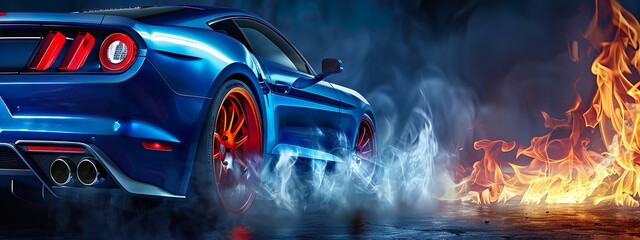 Sports Car in Dramatic Smoke and Light Display - obrazy, fototapety, plakaty