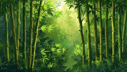Background of a green forest with bamboo trees