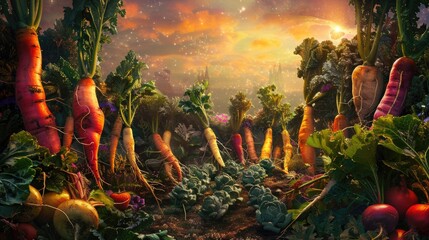 Lush garden brimming with rainbow-colored root vegetables tendrils entwined - obrazy, fototapety, plakaty