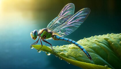 Close-Up: Dragonfly Resting on the Edge of a Green Leaf, Showcasing Intricate Wing Details