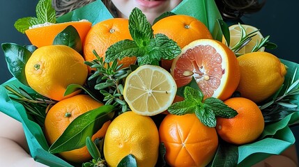 Portrait of a Smiling Child Surrounded by a Colorful Citrus Medley on a Green Background