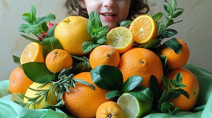 Young Child Peeking Through a Bountiful Assortment of Fresh Citrus Fruits