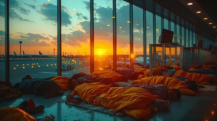 With flight delays stretching into the night, weary passengers resort to sleeping at the airp - obrazy, fototapety, plakaty