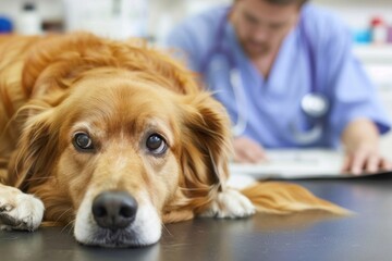 A golden puppy lies on a veterinarian's table, looking curiously at the camera, with a vet working in the background.