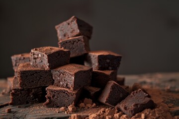 A tempting stack of homemade chocolate brownies on a dark wooden table. Stack of Homemade Chocolate Brownies