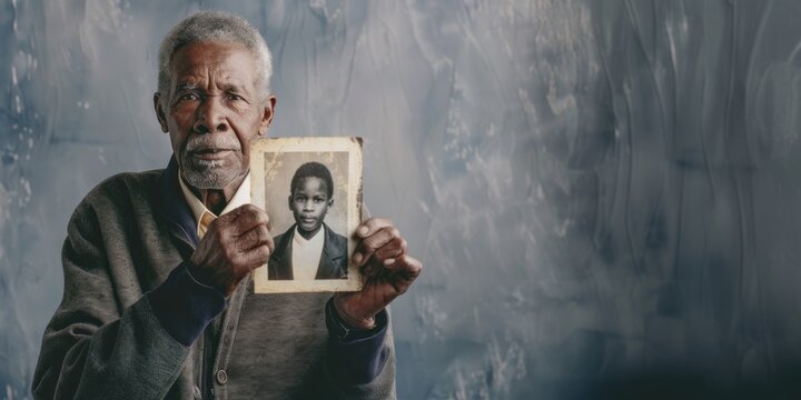 An African American elderly man with gray hair and beard holds an old black and white photograph of a young boy, evoking nostalgia, against a blurred background.