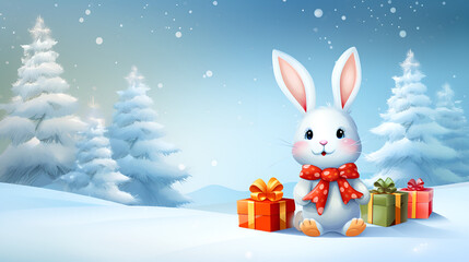 Cute and funny bunny  costume Christmas animal background ice floor with  gift box - obrazy, fototapety, plakaty