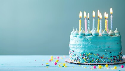 Birthday cake with lit candles on table against light blue backdrop Room for text