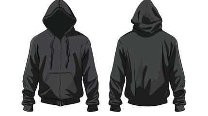 Black hooded jacket template front and back view 2d