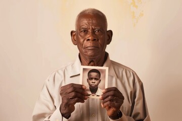 Senior Black man holding a photograph of a young boy.