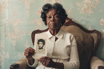 Elderly Black woman seated, holding an old photograph of a young girl. senior woman holding old...