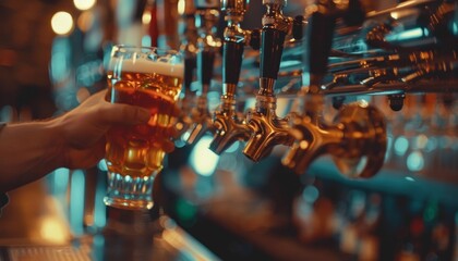 Bartender serving draught beer from tap in bar - obrazy, fototapety, plakaty