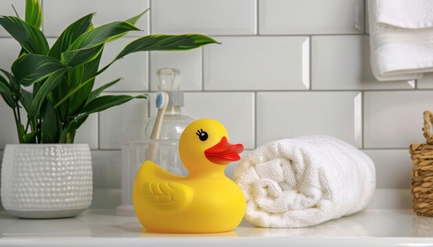 Bathroom d&Atilde;&fnof;&Acirc; cor on white countertop white towel rubber duck and plant blank area