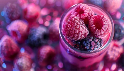 Beautiful pink raspberries blackberry smoothie fresh berries background top view Yogurt cocktail...