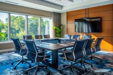 Spacious conference room with comfortable seating and ample space for brainstorming and idea generation.