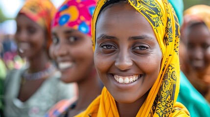 Women of Ethiopia. Women of the World. A group of smiling African women wearing colorful headscarves with a focus on one woman in the foreground #wotw