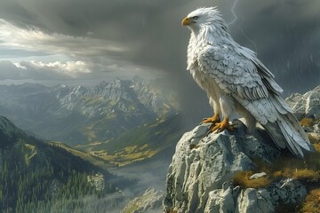 Majestic Griffin Perched on Cliffside,Overlooking Dramatic Mountain Valley Beneath Ominous Stormy Skies - obrazy, fototapety, plakaty