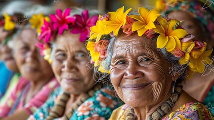 Women of Federated States of Micronesia. Women of the World. Elderly Polynesian women wearing vibrant floral headdresses and necklaces smiling during a cultural celebration.  #wotw