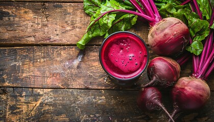 Beetroot juice and fresh organics on rustic table for refreshing drinks concept