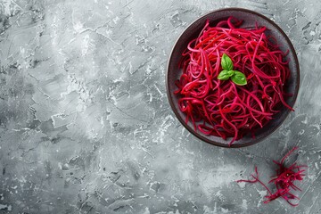 Beetroot noodle salad on cement background perfect for clean eating Top view with copy space