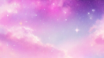 Rainbow unicorn pastel background with glitter stars. Pink fantasy sky. Holographic space with bokeh. Fairy iridescent gradient backdrop. Vector	