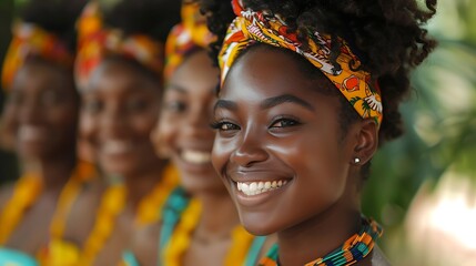 Women of Jamaica. Women of the World. A joyful group of women with vibrant headscarves smiling together in a natural setting.  #wotw
