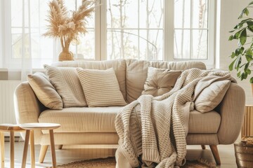 Beige sofa knitted blanket and cushions in cozy living room