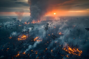 Aerial View of Devastating Deforestation and Forest Fires Engulfing the Landscape with Charred Remains and Billowing Smoke,Capturing the - obrazy, fototapety, plakaty