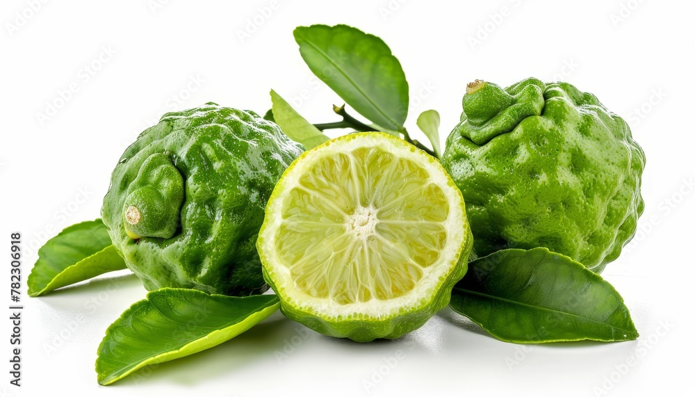 Poster Bergamot or kaffir on white background