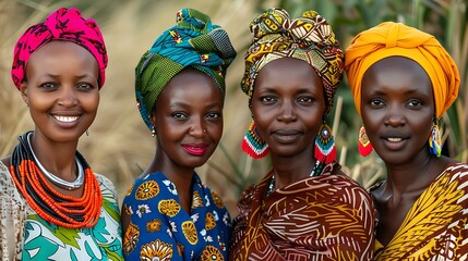 Women of Kenya. Women of the World. Four smiling African women dressed in colorful traditional attire posing together outdoors.  #wotw