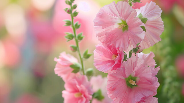 Zbliżenie na r&oacute;żowe kwiaty malwy