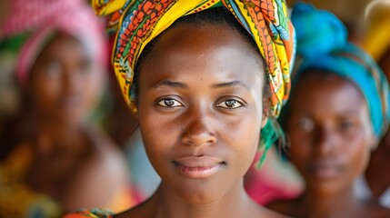 Women of Madagascar. Women of the World. A portrait of a young woman with a colorful headscarf and a serene expression with other women slightly out of focus in the background.  #wotw