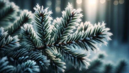 Close-Up: Frost-Covered Pine Needles Adorned with Delicate Ice Crystals in a Winter Forest